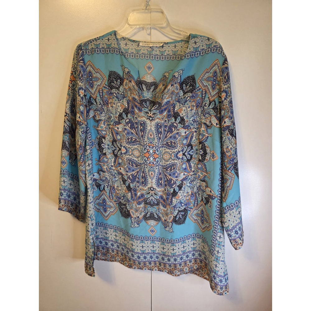 Violet + Claire Womens Blouse Paisley 3/4 Slv Tunic Top V Neck BLUE Size Large